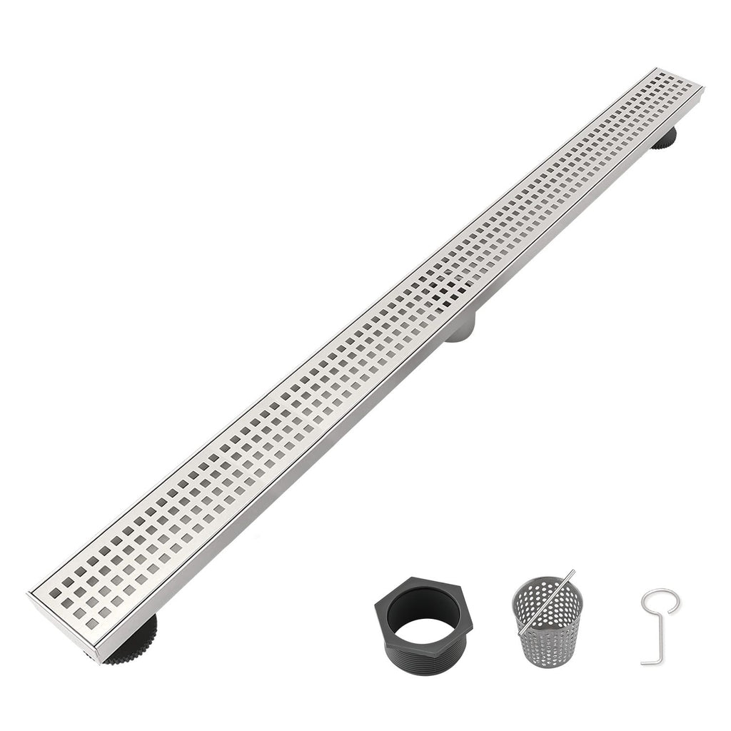 30 Inch Linear Shower Drain with Removable Square Patterned Grate, 304 Stainless Steel with Hair Strainer and Leveling Feet, Brushed Nickel