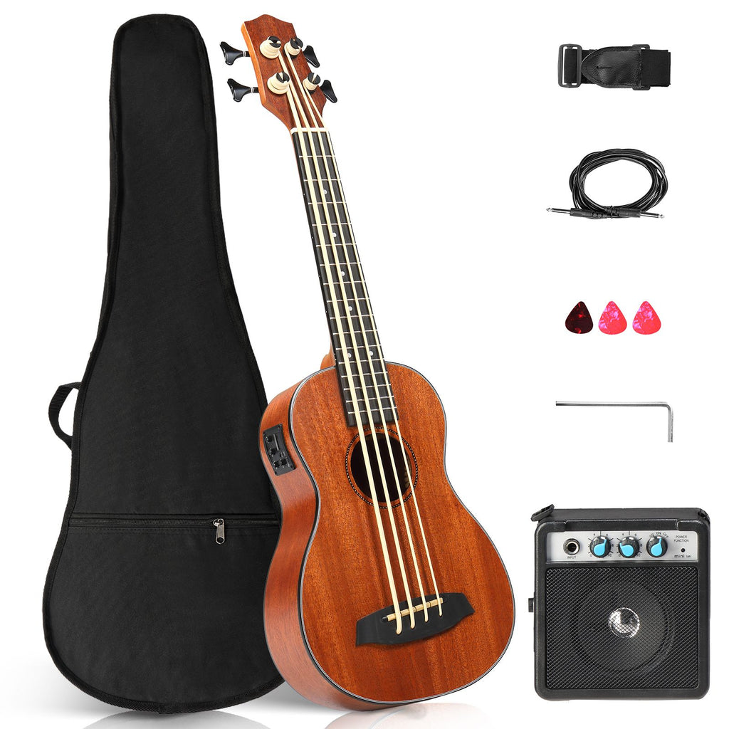 30-inch ukulele bass mahogany body with EQ, comes with speaker, cotton bag, capo, strap, picks*3, wrench tool