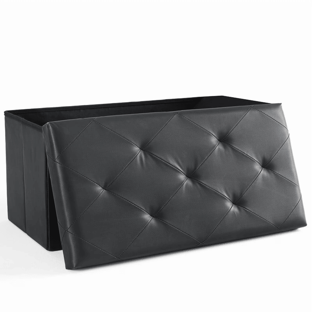30 Inches Folding Ottoman with Storage Bench, Foot Rest Stool, End of Bed Storage Bench , Load 660 lbs, for Living Room, Synthetic Leather, Black (Shipment from Walmart)