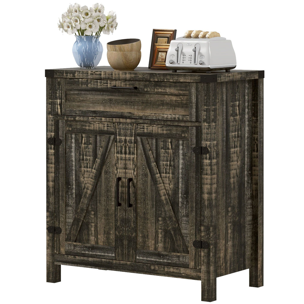 30" Kitchen Sideboard Cabinet, Morden Storage Buffet Cabinet w/ 2 Barn Doors & Drawer for Indoors Dining Room, Dark Oak