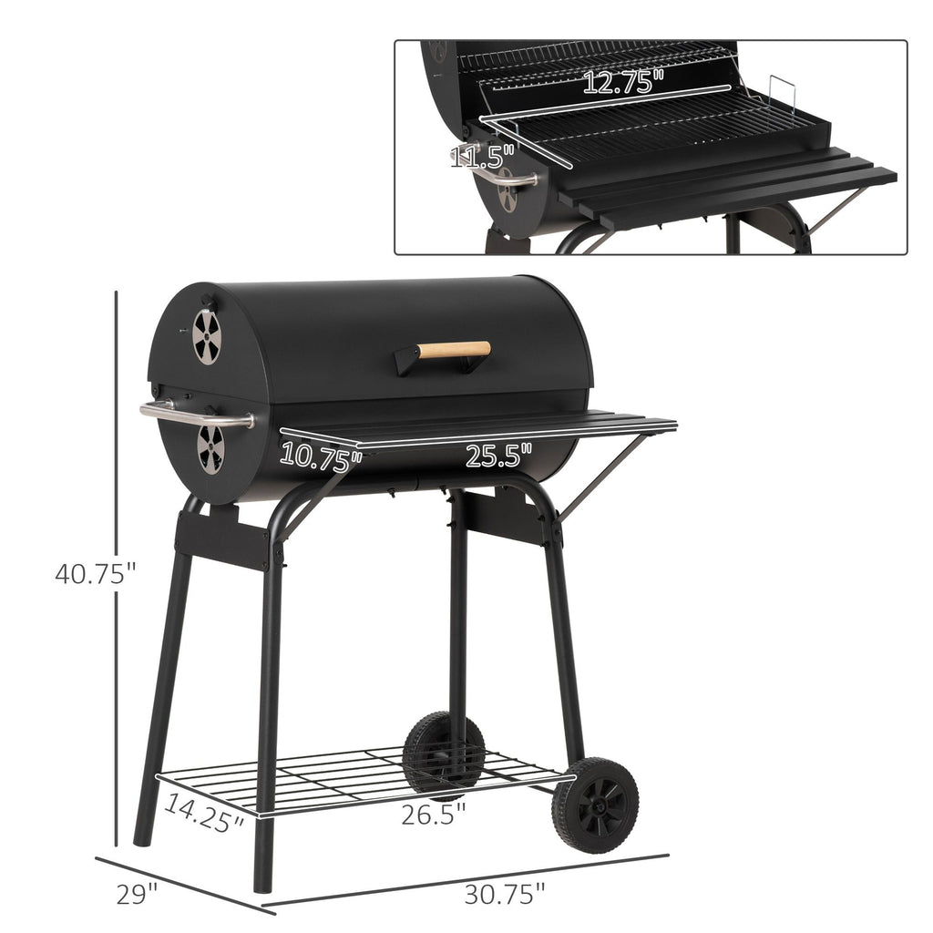 30" Portable Barrel Charcoal BBQ Grill, Steel Outdoor Barbecue Smoker with Storage Shelf, Wheels for Garden Camping Picnic, Black