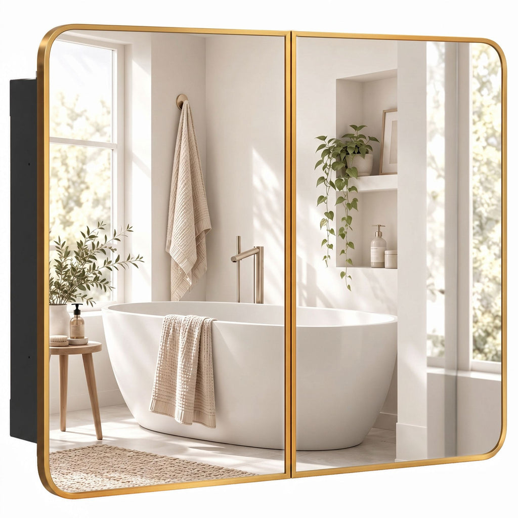 30" x 24" Medicine Cabinet with Mirror, Bathroom Mirror Cabinet with Adjustable Shelves, Wall-Mounted or Recessed, Gold Tone