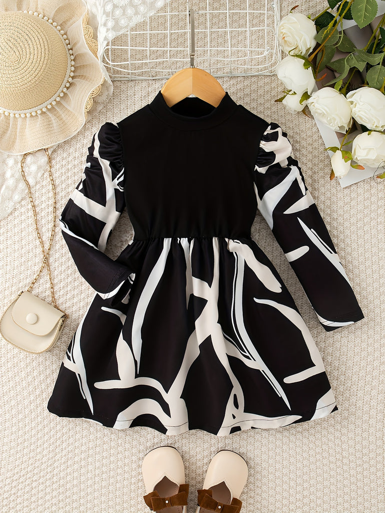 Chic Splicing Little Girls Long Sleeve Geometric Print Mock Neck Midi Dress For Spring Fall Seasons