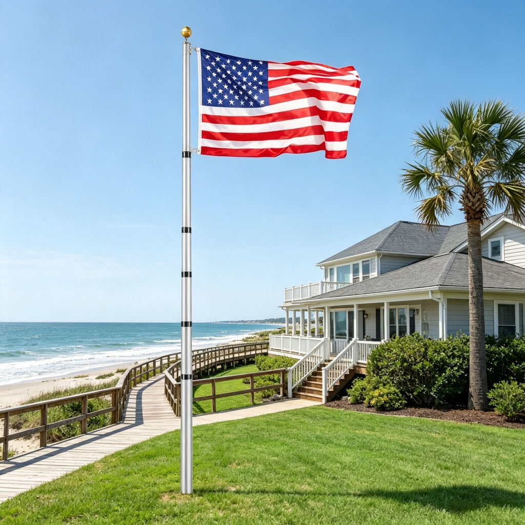 30FT Telescoping Flagpole Kit, Heavy Duty Aluminum In-Ground Flag Pole with 3 Display Modes, Includes 3x5 American Flag & Professional Accessories, Silver