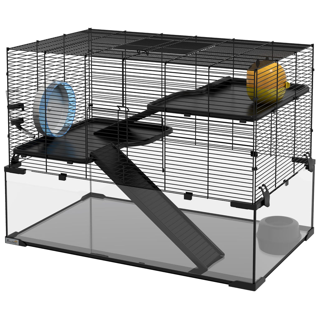 31" Gerbil Cage with Glass Basin Ramps Platforms Hut Exercise Wheel Black for Small Hamsters