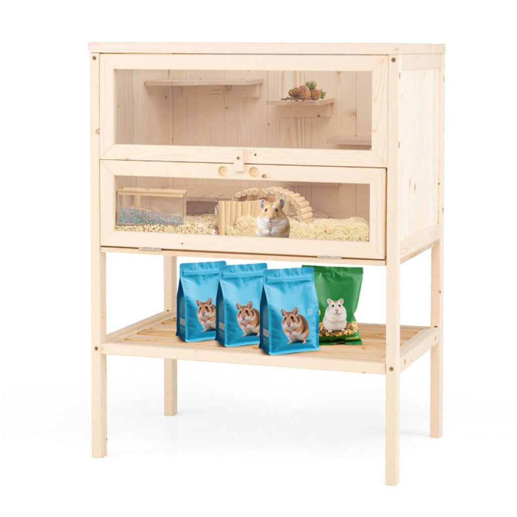 31.5 " Fir Wood Hamster Cage with Flip Mesh Roof, Multi-Level Activity Areas & Bottom Storage Shelf