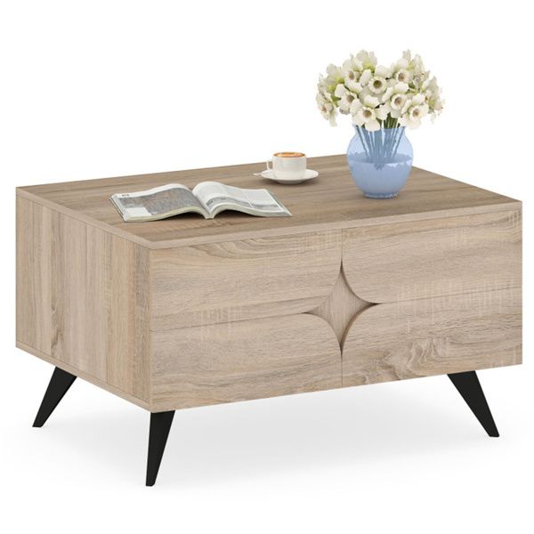 31.5" Multi-Storage Coffee Table - 3-Door Cabinet+Back Open Compartment, Natural Wood Texture