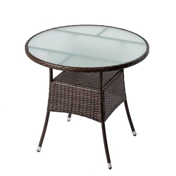 31.5" Patio Table for 4-Person, Outdoor Patio Wicker Round Dining Table, All-Weather Rattan Bistro Dining Table w/Glass Tabletop for Backyard Deck Porch Poolside, Brown