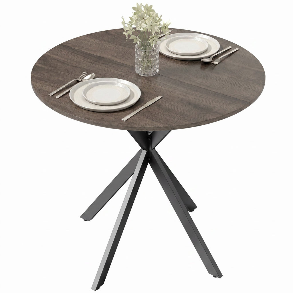 31.5" Small Round Dining Table for 2, Industrial Kitchen Table with Cross Steel Legs for Dining Room, Distressed Brown