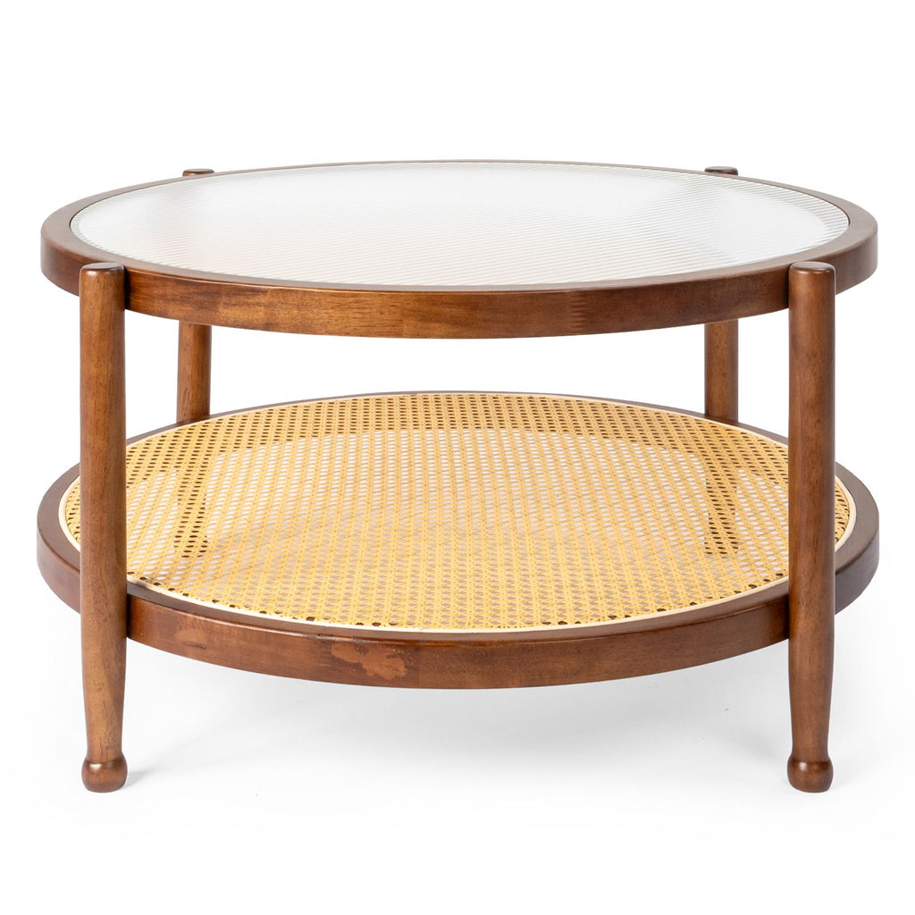 31.5in Rattan Coffee Table with Glass Top, Round End Table, Boho Style Side Table Sofa End Table for Living Room Balcony Patio, Walnut Finish