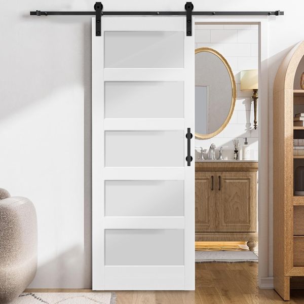 32 in. x 84 in. Unfinished Sliding Barn Door with 5.5FT Barn Door Hardware Kit & Handle, 5 Panel Tempered Glass Requires Simple DIY Assembly