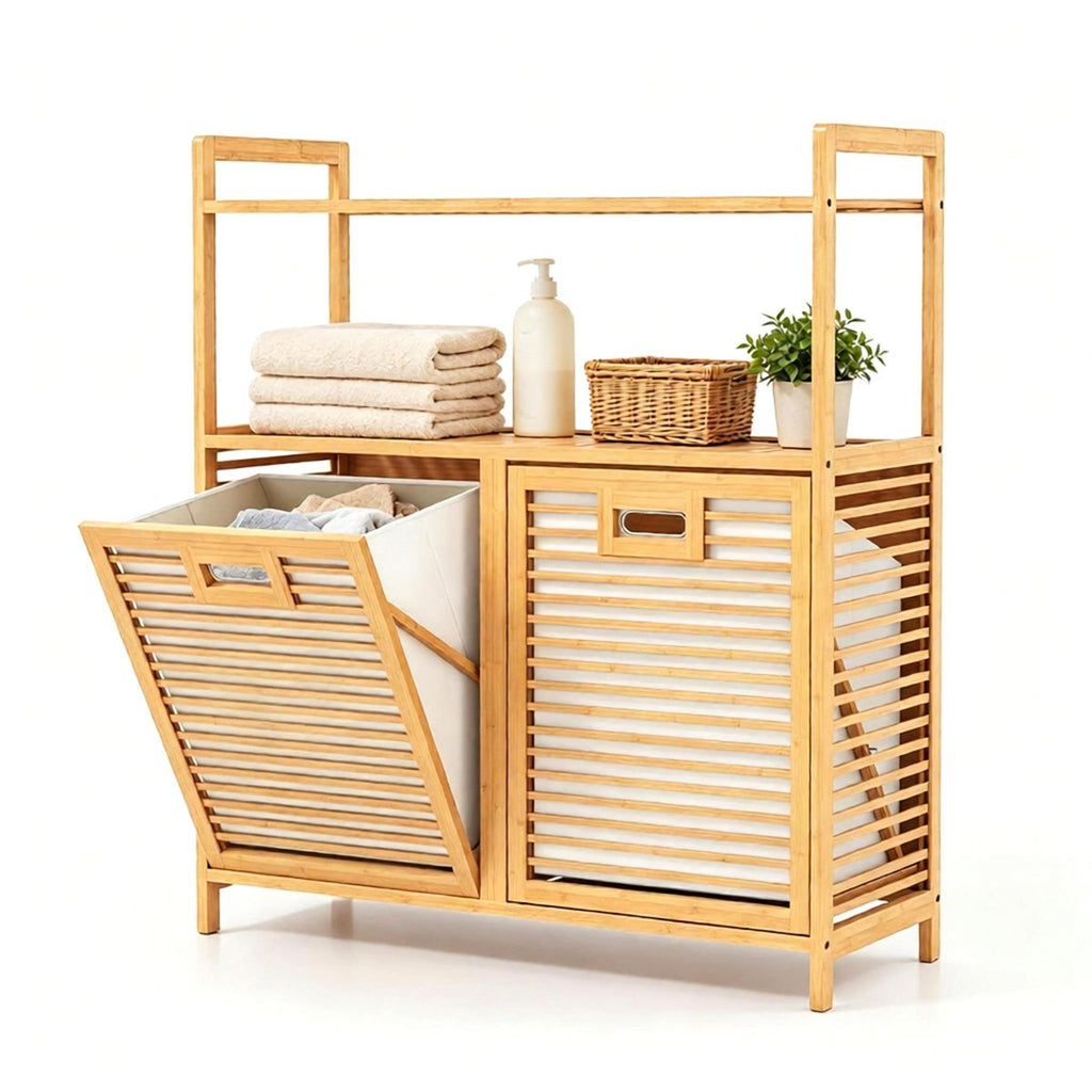 32 Inch Double Compartment Bamboo Laundry Organizer Freestanding Cabinet, Raised Guardrail Top Shelf Rounded Corner Dirty Clothes Bin Separate Light Dark Clothes Storage Natural Finish