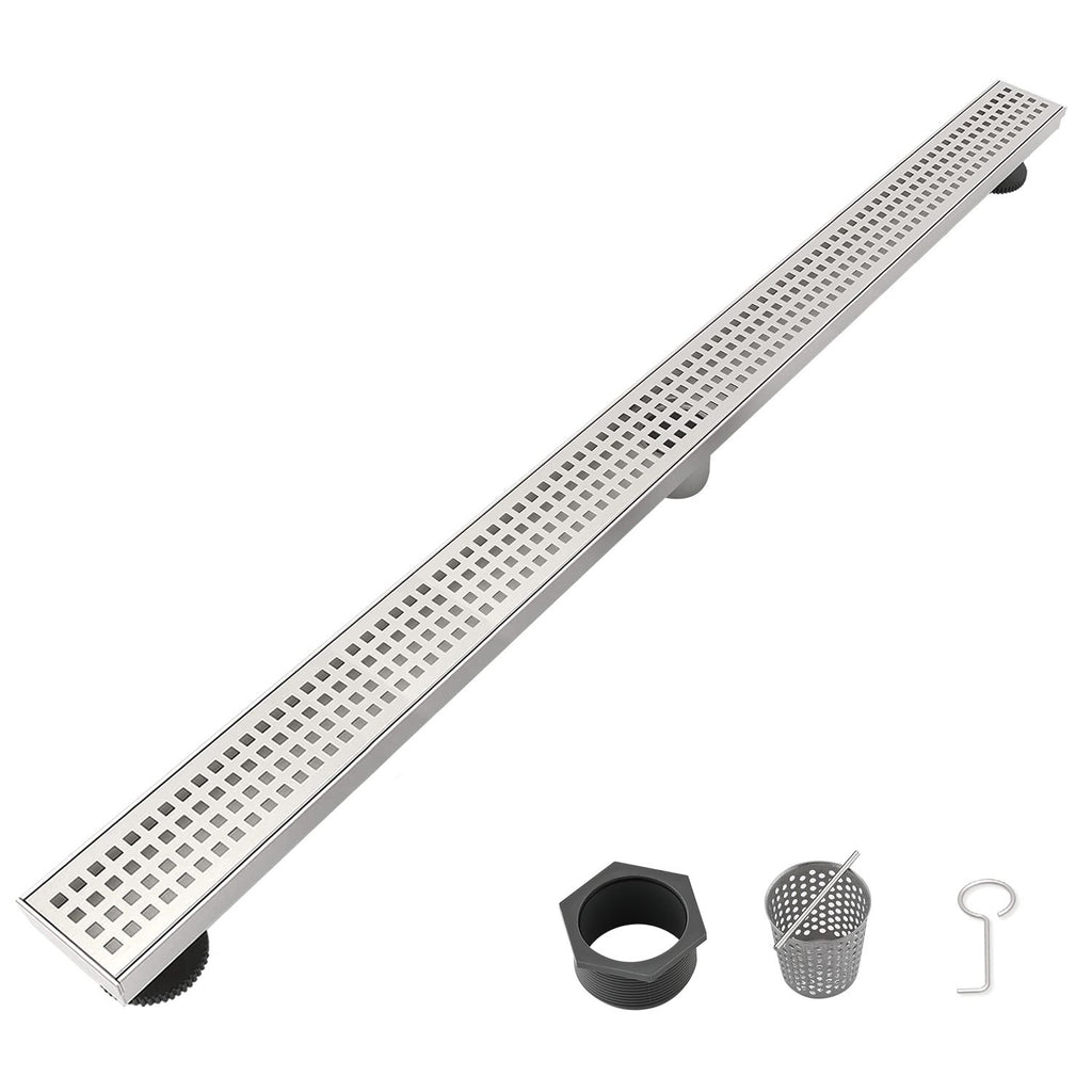 32 Inch Linear Shower Drain with Removable Square Patterned Grate, 304 Stainless Steel with Hair Strainer and Leveling Feet, Brushed Nickel