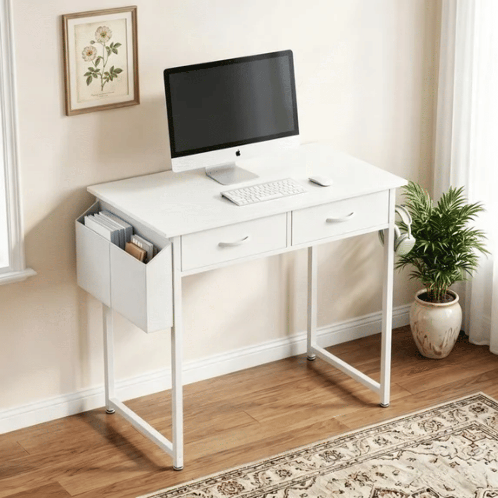 32 Inch Small Desk Computer Desk with 2 Fabric Drawer Storage Bag Iron Hook Gaming Writing Table, White