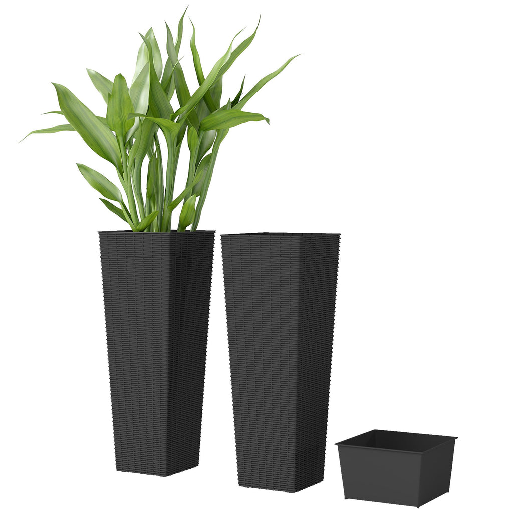 32 Inch Tall Planters for Outdoor Plants, Set of 2 Plastic Flower Pots with Drainage Holes, Black