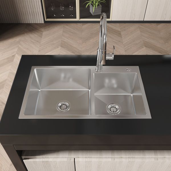 32 "x 19" x 10" Embedded Double Bowl Kitchen Sink, Equipped with S304 Stainless Steel Satin Handmade Household Thick Dishwasher Sink and Vegetable Sink (sink only)[Unable to ship on weekends]