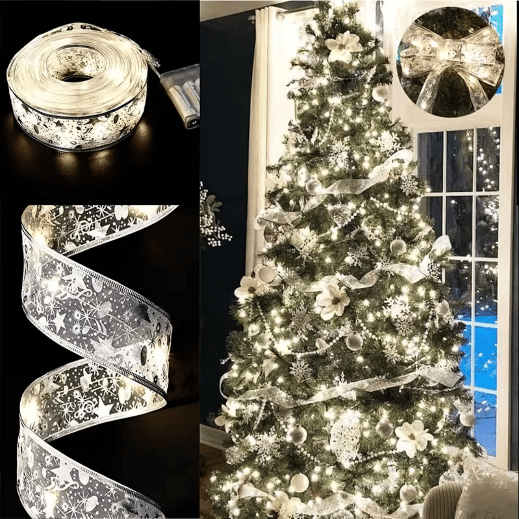 32FT Christmas tree ribbon with 100 LED lights, gold ribbon with wire, used for Christmas trees, battery powered, Christmas tree decorations, Christmas ribbon lights