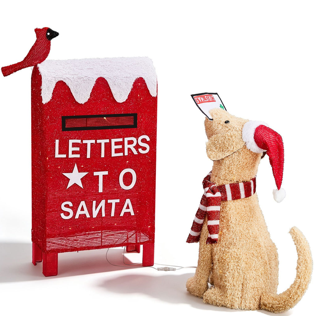 3.2FT Dog & Mailbox with 140 Warm White Wire Lights, Red Fabric Christmas Decor, US Plug