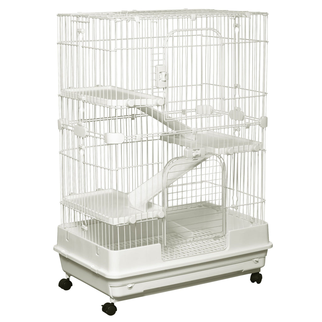 32"L 4-Level Small Animal Cage, Rabbit Hutch with Universal Lockable Wheels & Slide-out Tray for Bunny, Chinchillas & Ferret, White