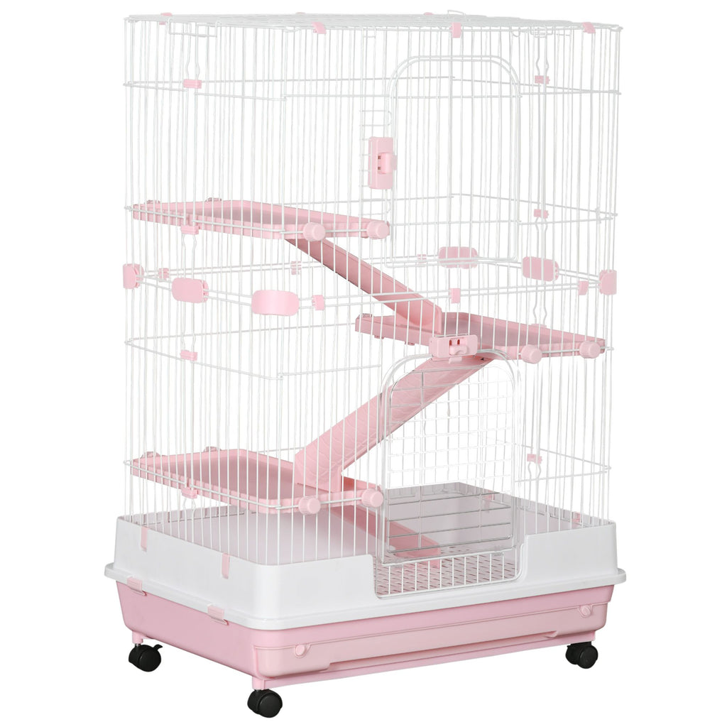 32L 4-Level Small Animal Cage Rabbit Hutch with Wheels Slide-out Tray Pink for Bunny Chinchillas Ferret