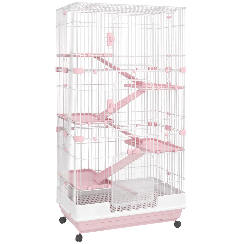 32"L 6-Level Small Animal Cage, Rabbit Hutch with Universal Lockable Wheels & Slide-out Tray for Bunny, Chinchillas & Ferret, Pink