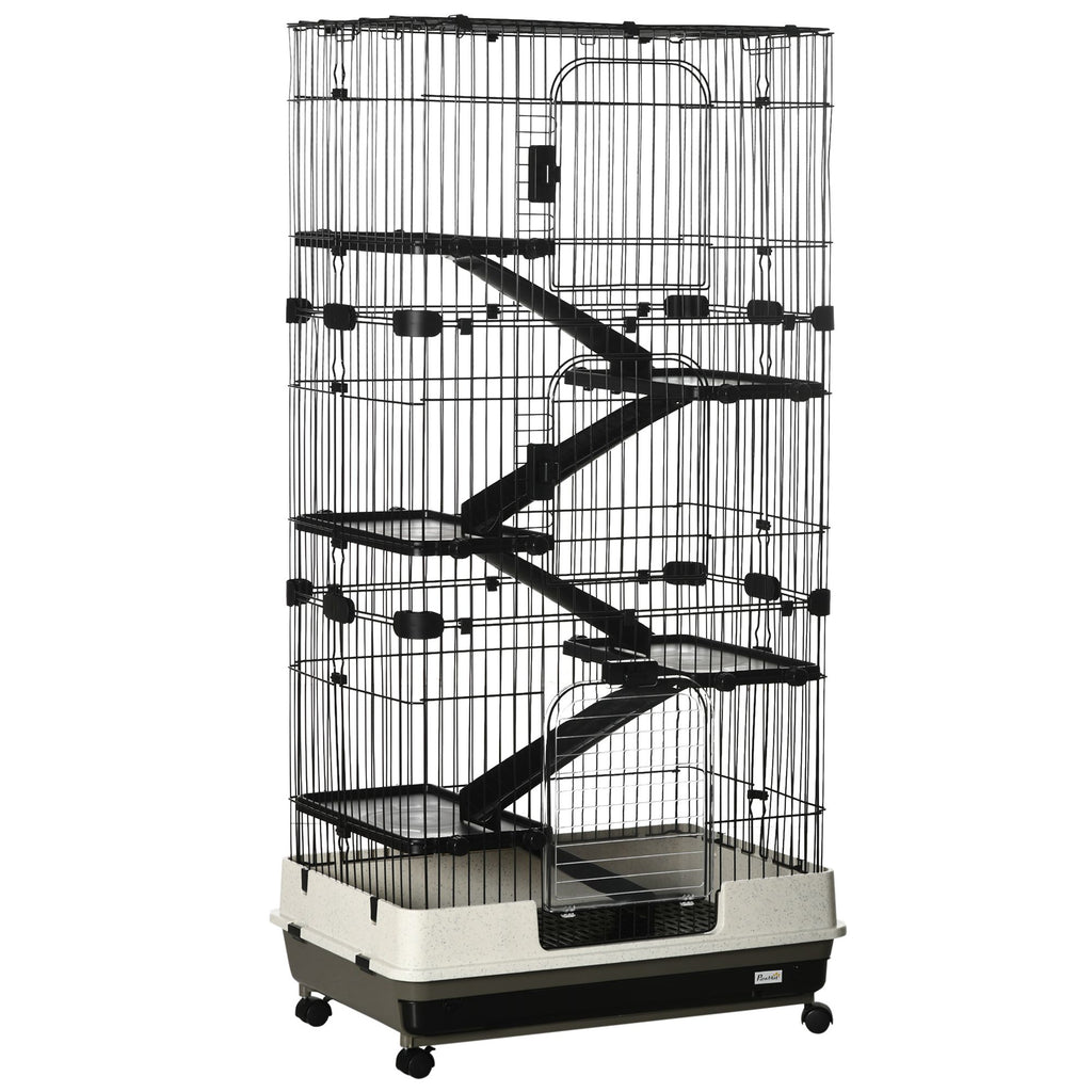 32L 6-Level Small Animal Cage Rabbit Hutch with Wheels Slide-out Tray Black for Bunny Chinchillas Ferret