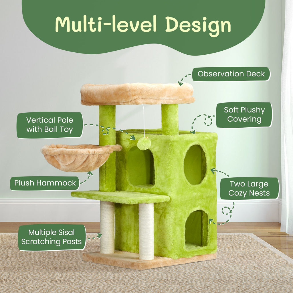 33 inch Cat Tree Cat Tower for Indoor Cats, Cat Activity Center Play House with Large Padded Perch, Hammock, 2-Tiered Condo, Scratching Posts & Dangling Ball, Yellow & Green