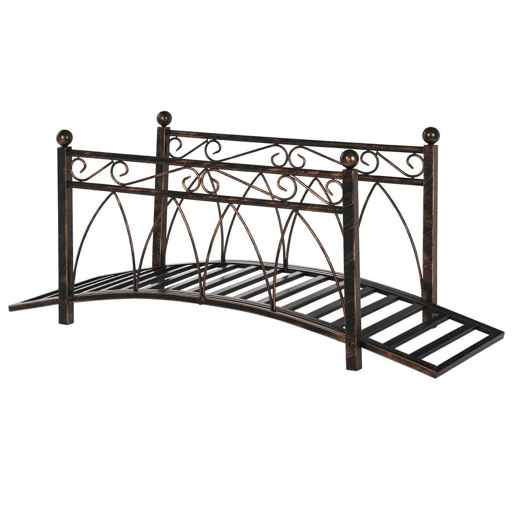 3.3' Metal Arch Zen Garden Bridge with Safety Siderails, Decorative Footbridge, Delicate Scrollwork & Corner Spheres for Stream, Fish Pond, Bronze