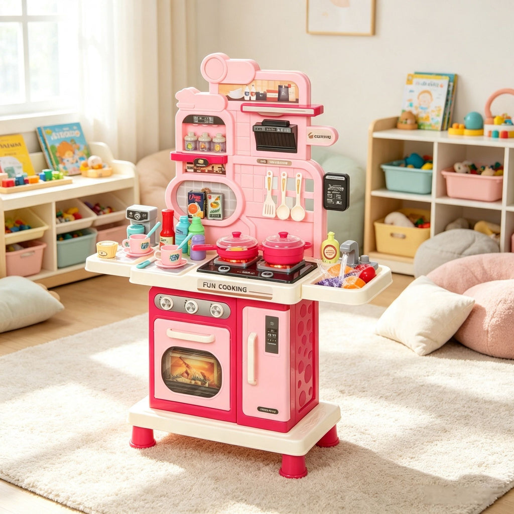 33-Piece Kids Play Kitchen, Lights, Sounds & Water Sink, Ages 3-6, Pink