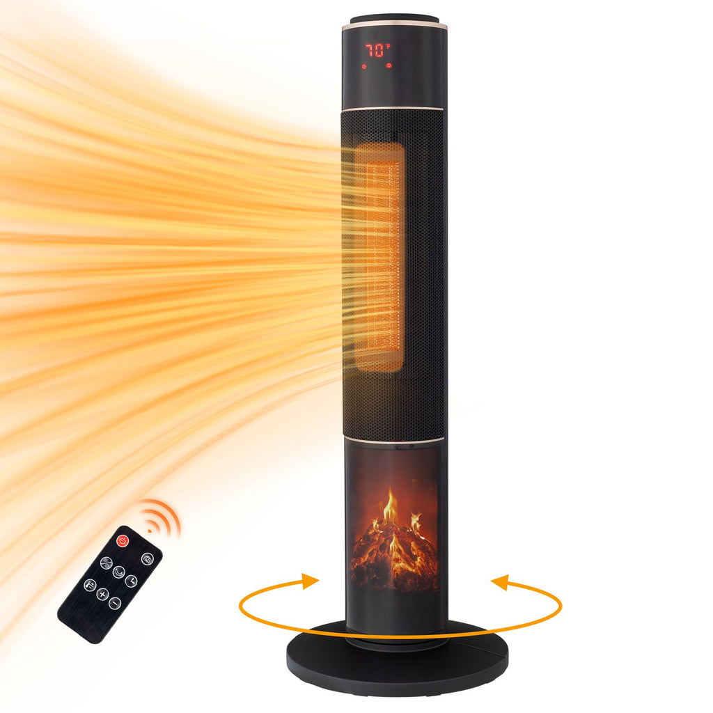 33" Tower Space Heater with 3D Flame, 1500W Portable Electric Heater with Thermostat, 60° Oscillation, Timer, Remote Control, for Indoor Bedroom Office Home, Black