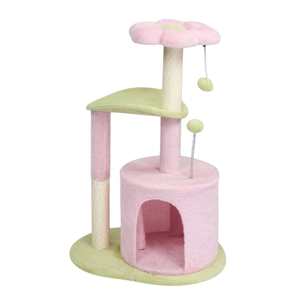 33in Cat Tree, Multi-level Cat Tower with Cat Scratching Post with Curved Perch, Cozy Cat Condo, Padded Top Bed for Kittens and Indoor Cats, Pink & Green