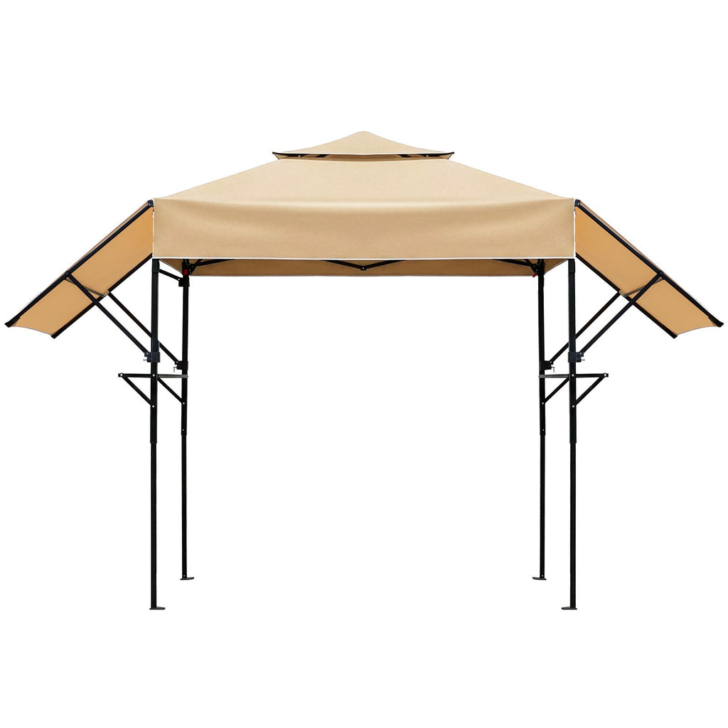 3.3x12.5FT Double Top Grill Gazebo, Khaki Polyester BBQ Canopy with Adjustable Side Sunshades, Black Powder Coated Folding Frame, Dual Mesh Trays & Carry Bag