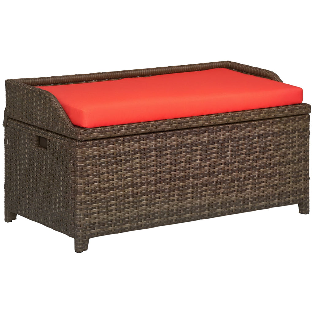 34 Gallon Outdoor Wicker Storage Bench Deck Box, PE Rattan Patio Furniture Pool Storage Bin Container with Interior Waterproof Cloth Bag and Comfortable Cushion, Red