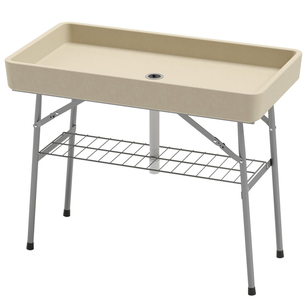 3.4ft Folding Ice Cooler Table with Drain, Fill and Chill Table Outdoor Table Cooler with Storage Shelf, Drink Cooler for Parties Picnic BBQ Camping Wedding, Tan
