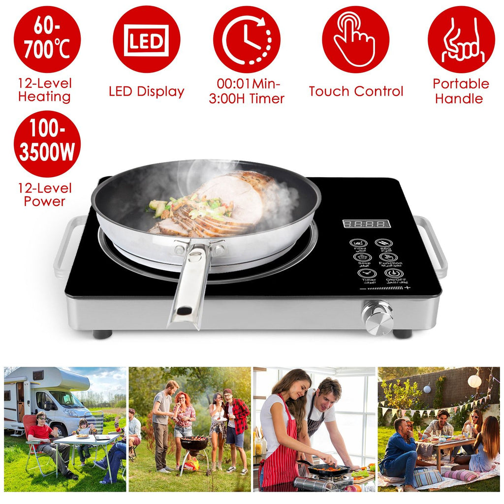 3500W Electric Single Burner Cooktop 110V - Rapid Heating Hot Plate with 4 Preset Modes (Fried/BBQ/Soup/Function), 12-Level Power/Temp Control, 0-3H Timer, Portable Handles & Easy-Clean Glass Surface