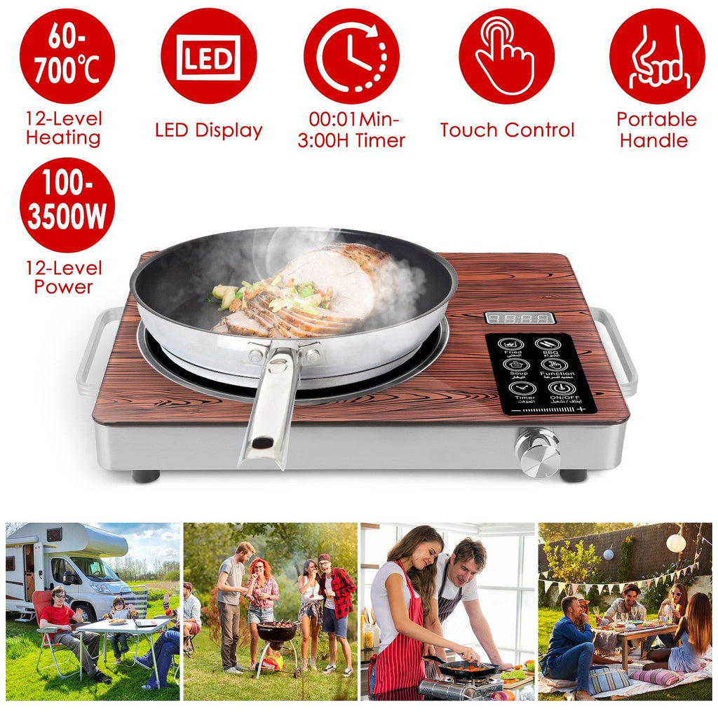 3500W Electric Single Burner Cooktop 110V - Rapid Heating Hot Plate with 4 Preset Modes (Fried/BBQ/Soup/Function), 12-Level Power/Temp Control, 0-3H Timer, Portable Handles & Easy-Clean Glass Surface