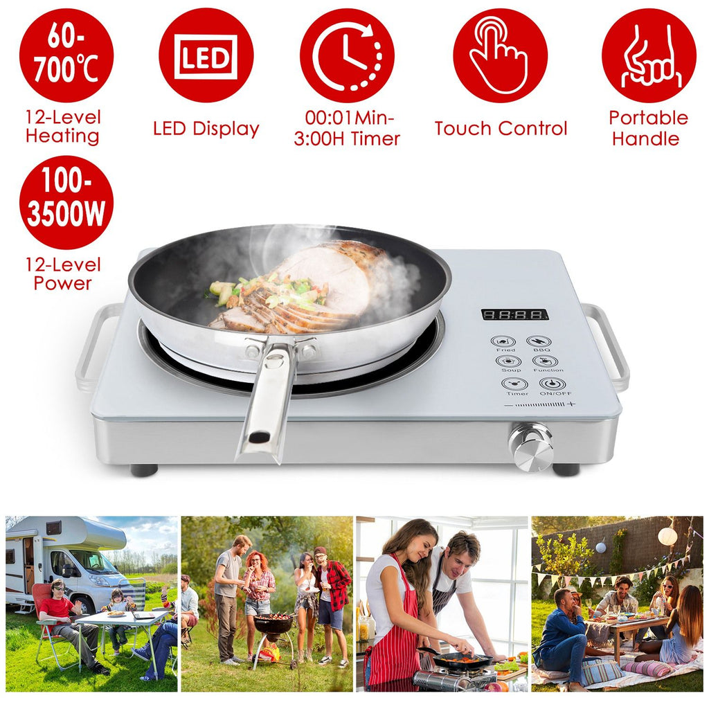 3500W Electric Single Burner Cooktop 110V - Rapid Heating Hot Plate with 4 Preset Modes (Fried/BBQ/Soup/Function), 12-Level Power/Temp Control, 0-3H Timer, Portable Handles & Easy-Clean Glass Surface