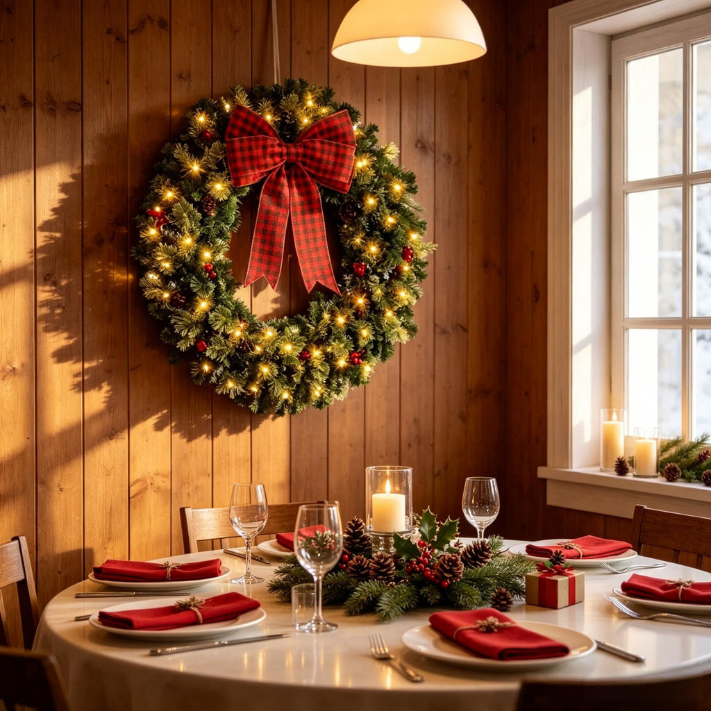 36" Holiday Wreath with Bow, Berries, Pinecones & 8 Modes
