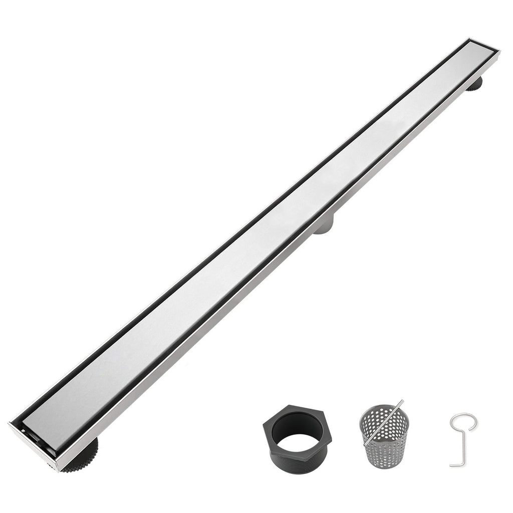 36 Inch Linear Shower Drain with 2-in-1 Flat & Tile Insert Removable Cover, 304 Stainless Steel with Hair Strainer and Leveling Feet, Brushed Nickel