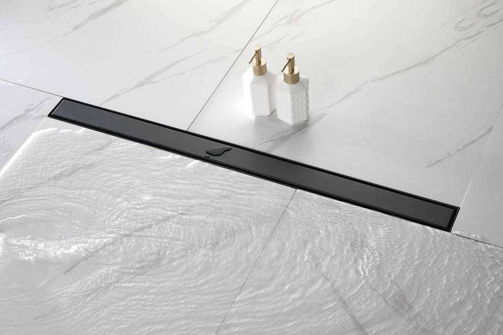 36 Inch Linear Shower Drain with 2-in-1 Flat & Tile Insert Removable Cover, 304 Stainless Steel with Hair Strainer and Leveling Feet, Matte Black