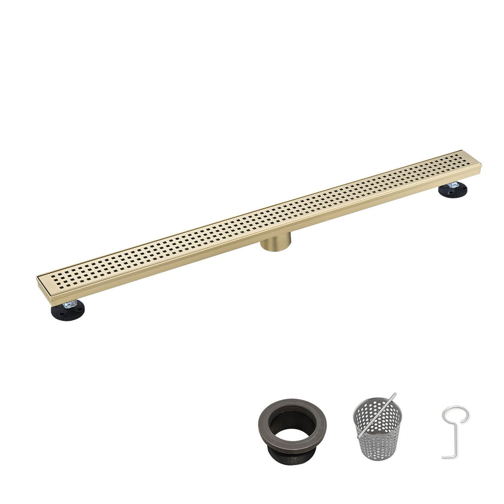 36 Inch Linear Shower Drain with Removable Square Patterned Grate, 304 Stainless Steel with Hair Strainer and Leveling Feet, Brushed Gold