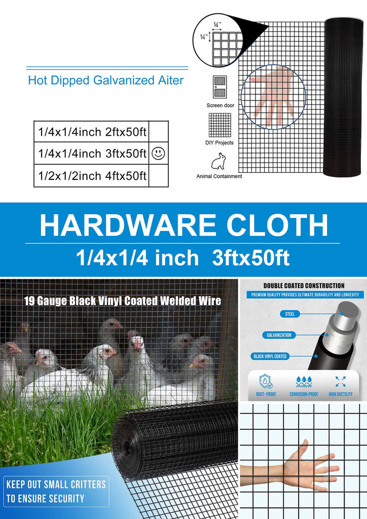 36 inch50 ft Black Vinyl Coated Hardware Cloth 19 Gauge 1/4 inch Black PVC Hardware Cloth, Black Welded Wire Fence Supports Poultry-Netting Cage-Home Improvement and Chicken Coop--NO Self-pick up