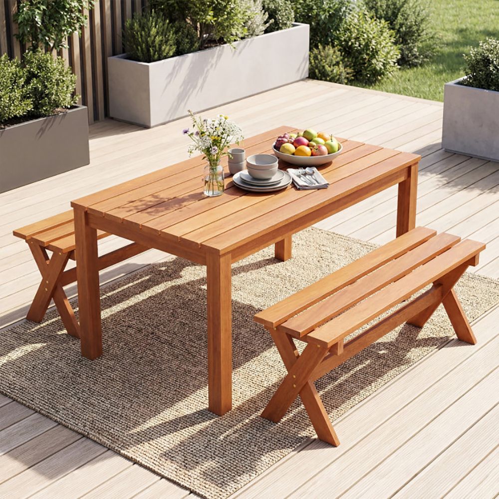 36" Outdoor Solid Wood Bench Set of 1/2 Backless Patio Dining Bench with Teak Oil Finish