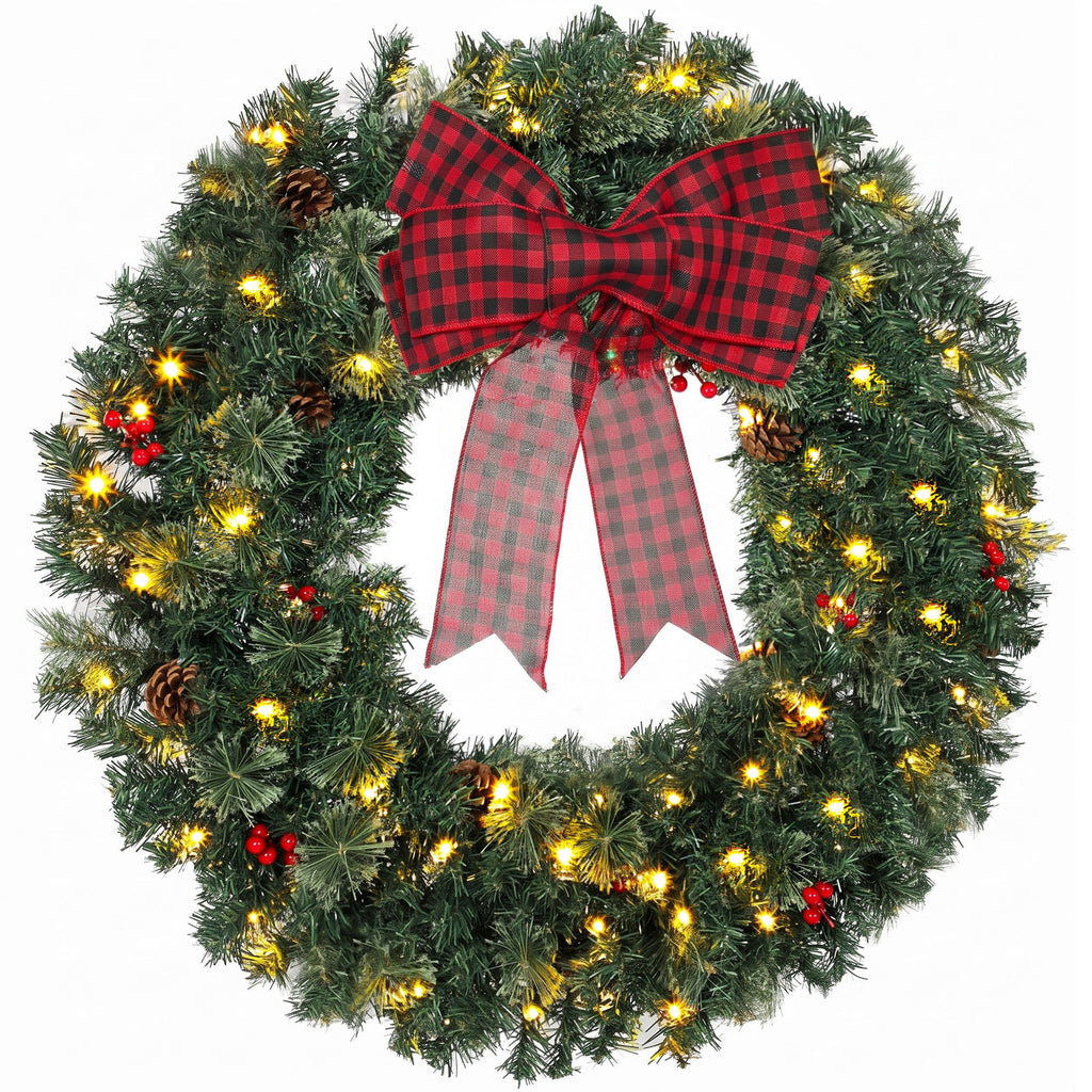 36" Prelit Crestwood Spruce Artificial Christmas Wreath, Christmas Decor with Bow, 8 Modes, Red Berries, Pinecones
