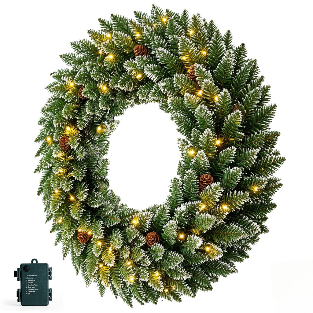 36" Snow-Tipped Pinecone Wreath, 200 PVC Tips, 70 Warm White LEDs with 8 Modes, Battery Box