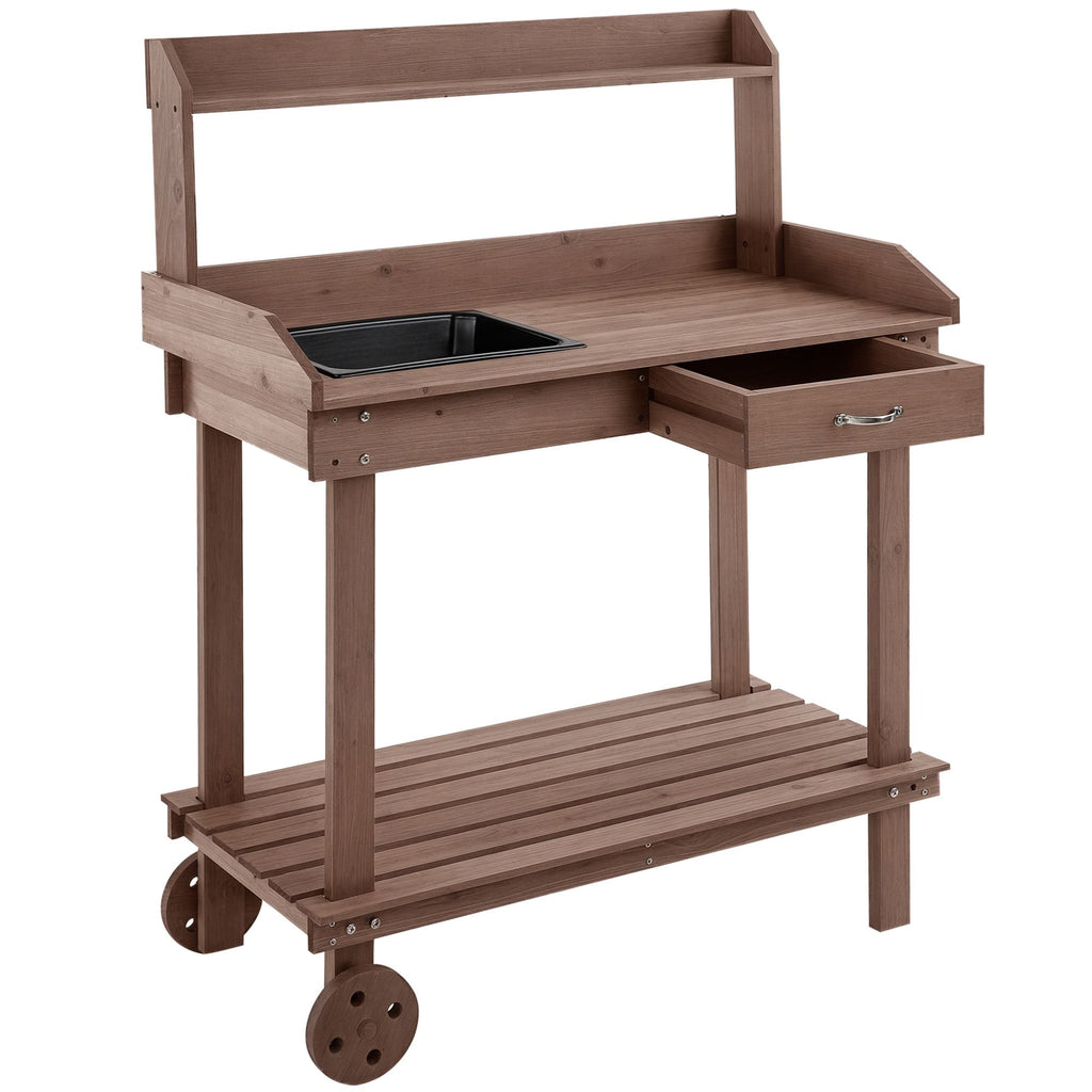 36" Wooden Potting Bench Work Table with 2 Removable Wheels, Garden Workstation with Removable Sink, Drawer & Large Storage Spaces, Brown
