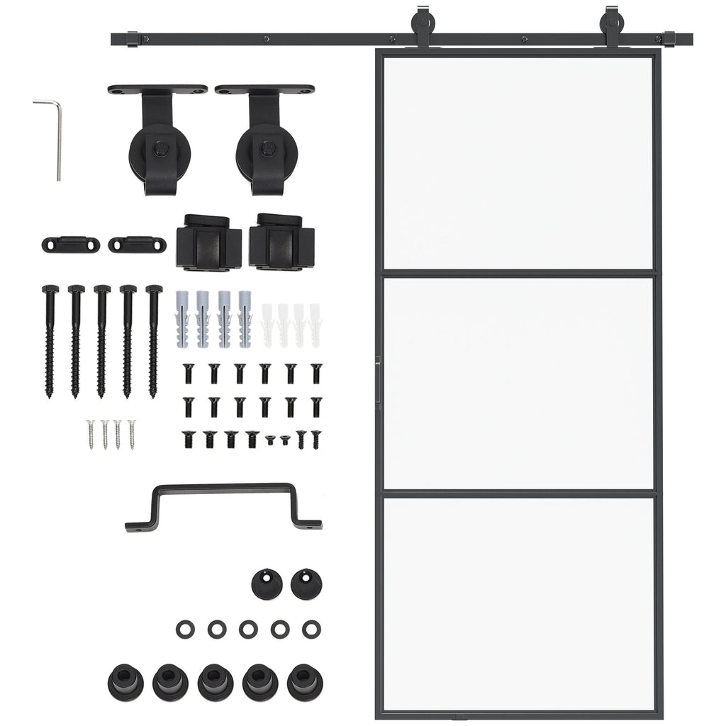 36 x 84 in Sliding Door with 6FT Hardware Kit and Handle, Industrial Frosted Tempered Glass Door with Carbon Steel, Easy Installation
