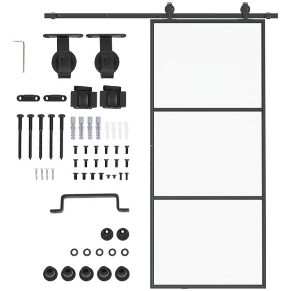 36" x 84" Sliding bathroom Door with 6FT Hardware Kit and Handle, Industrial Frosted Tempered Glass Door with Carbon Steel