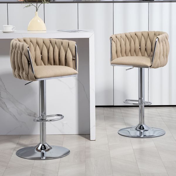 360° Fabric cover Swivel Bar Stools Set of 2, Adjustable Counter Height Bar Chairs with Woven Back & Footrest, Silver chromed Bar Stools for Kitchen Island, Cafe, Pub (YELLOW)