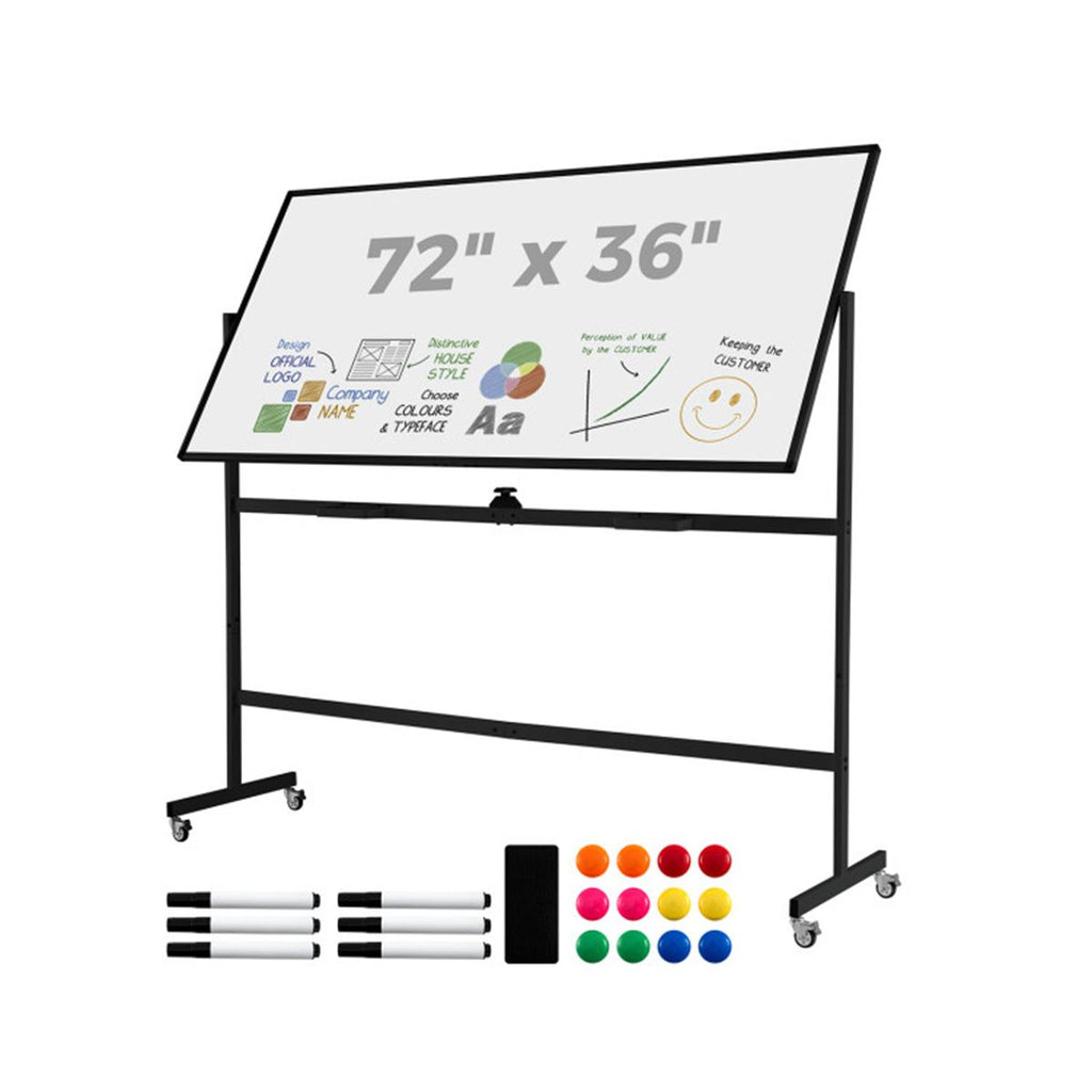 360° Rotating Double-Sided Magnetic Whiteboard, 182.88×91.44cm Writing Surface Mobile Dry Erase Board with Casters, Black